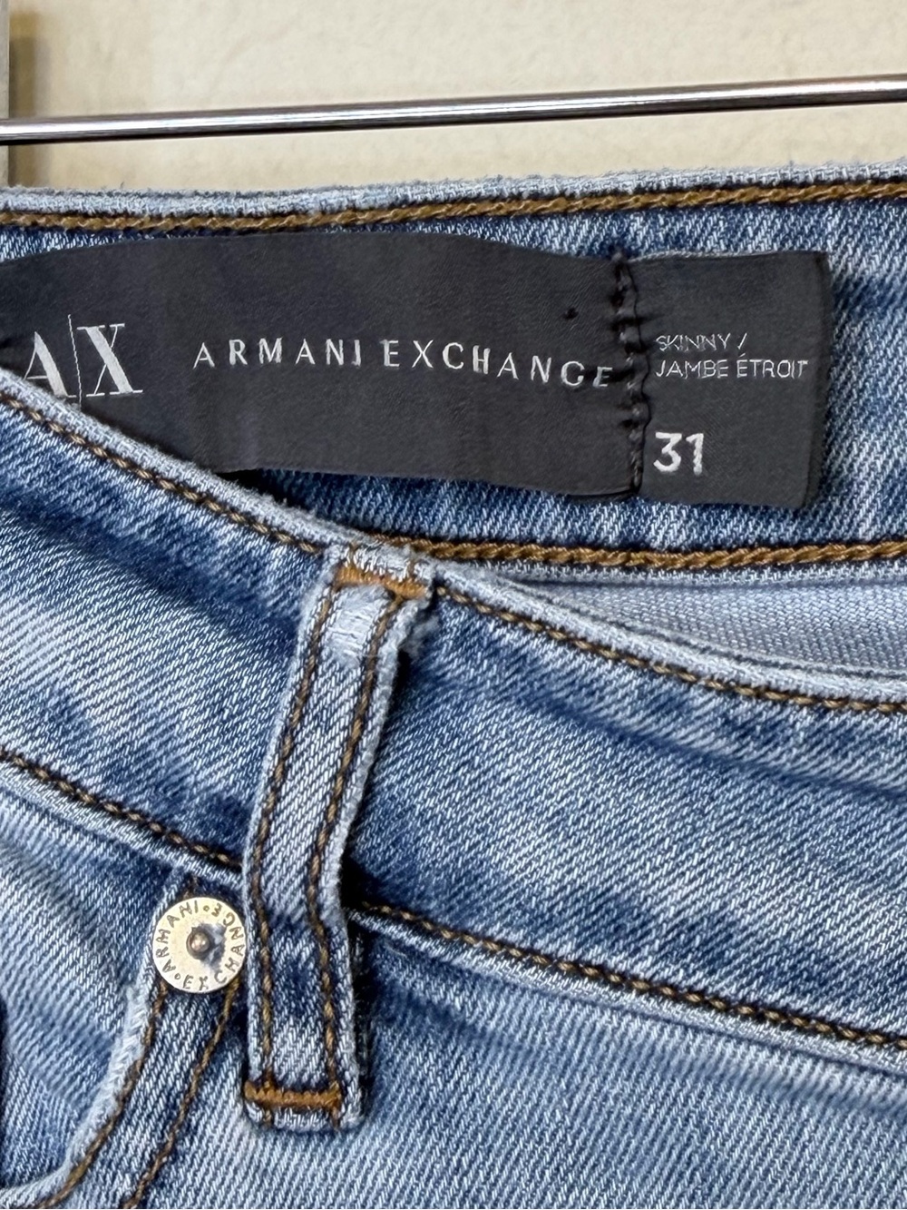 Armani Exchange | Mid-Rise Light Wash Factory Faded Denim Designer Skinny Jeans - Picture 11 of 16
